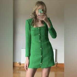 Zara Tweed Boucle squared neck long sleeves Jewel Buttons Green Dress Sz Large